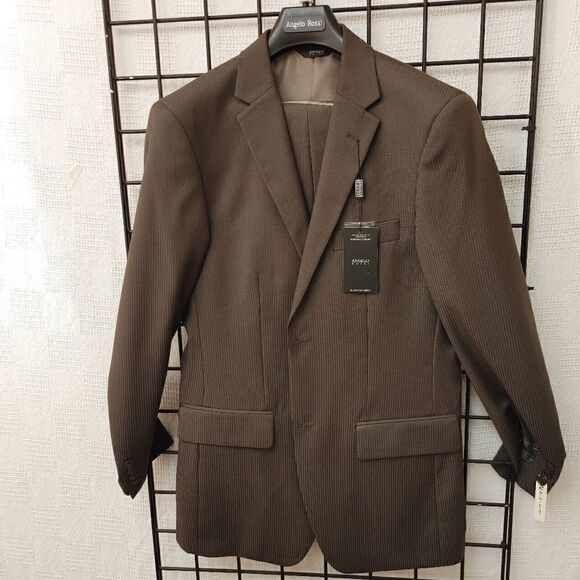 ANGELO ROSSI MEN'S OLIVE SHADOW STRIPE 2 PC. SLIM FIT SUIT. - Picture 1 of 14